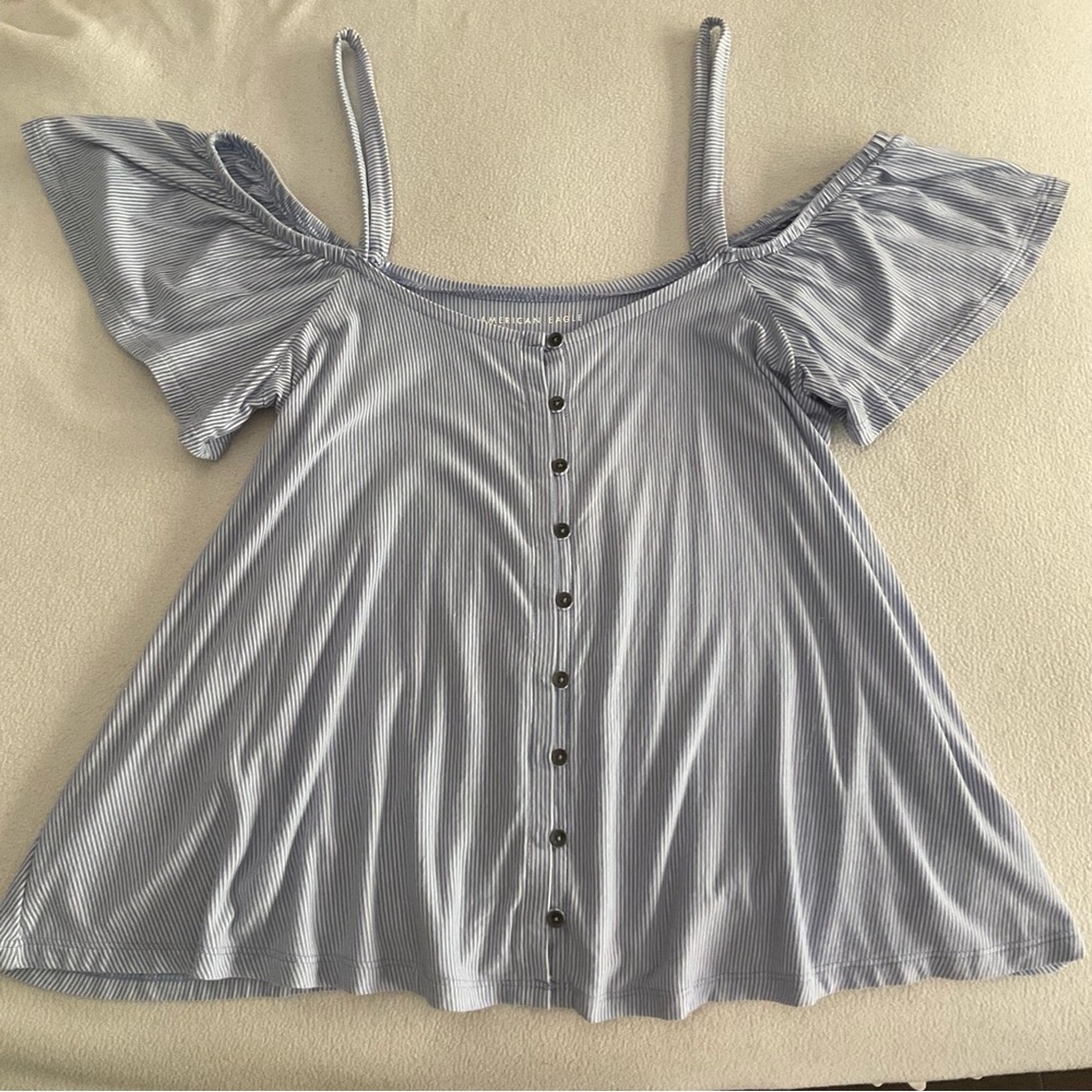 American Eagle blue and white striped cold shoulder button up top.